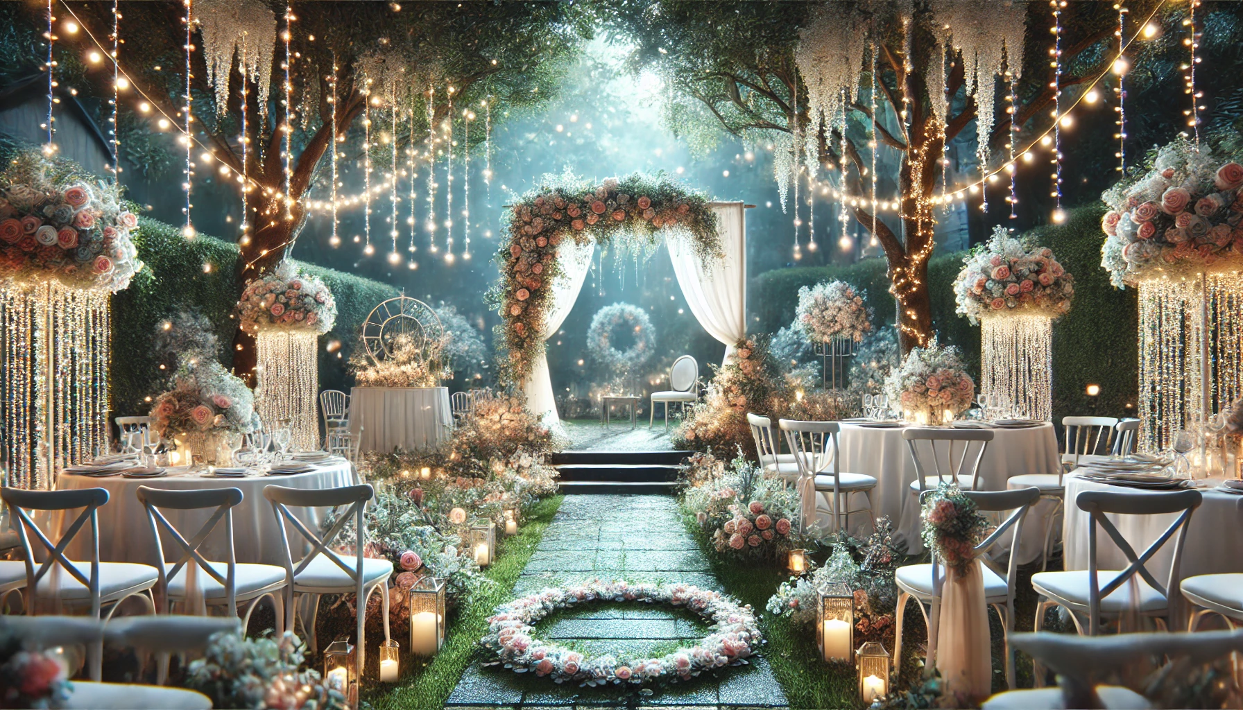 A dreamy and elegant wedding scene set in a lush outdoor garden venue, decorated with fairy lights, fresh flowers, and a romantic archway. The setting includes a beautifully arranged seating area with white chairs, a picturesque aisle, and an illuminated reception area. The ambiance is magical and sophisticated, perfect for a dream wedding, with soft lighting enhancing the atmosphere. Text overlay: 'Make Your Dream Wedding a Reality with Hola Events' in a stylish and modern font, placed subtly to complement the image.